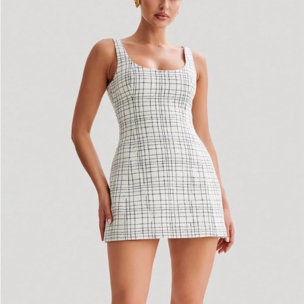 Meshki Beth tweed mini dress-white check